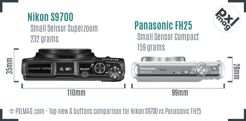 Nikon S9700 vs Panasonic FH25 top view buttons comparison
