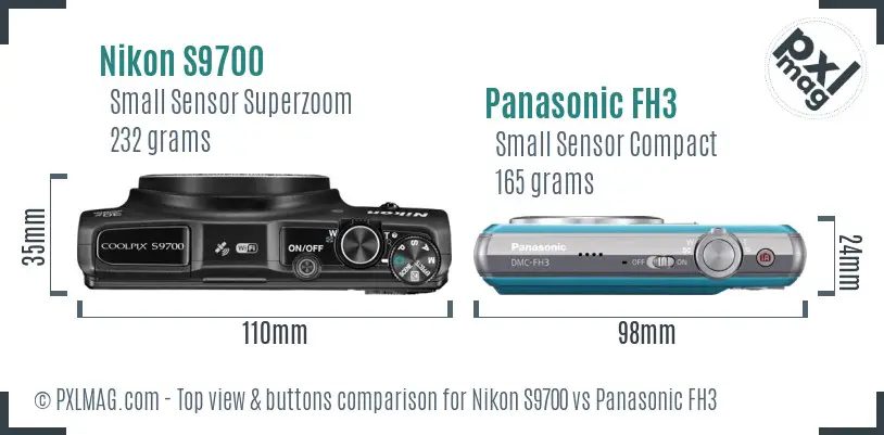 Nikon S9700 vs Panasonic FH3 top view buttons comparison