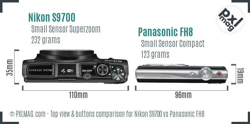 Nikon S9700 vs Panasonic FH8 top view buttons comparison Nikon S9700 vs Panasonic FH8 top view buttons comparison