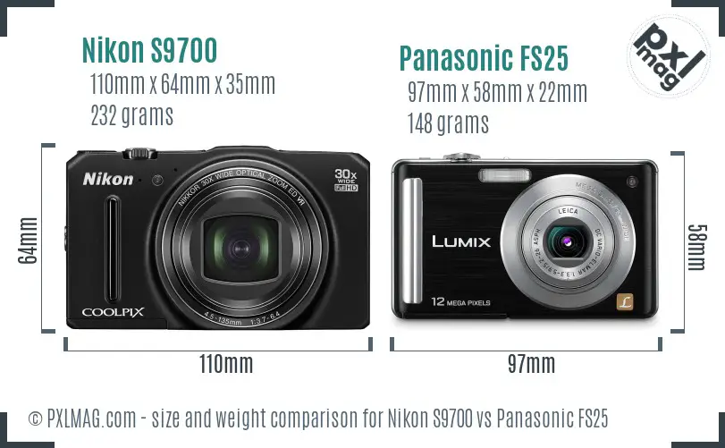 Nikon S9700 vs Panasonic FS25 size comparison