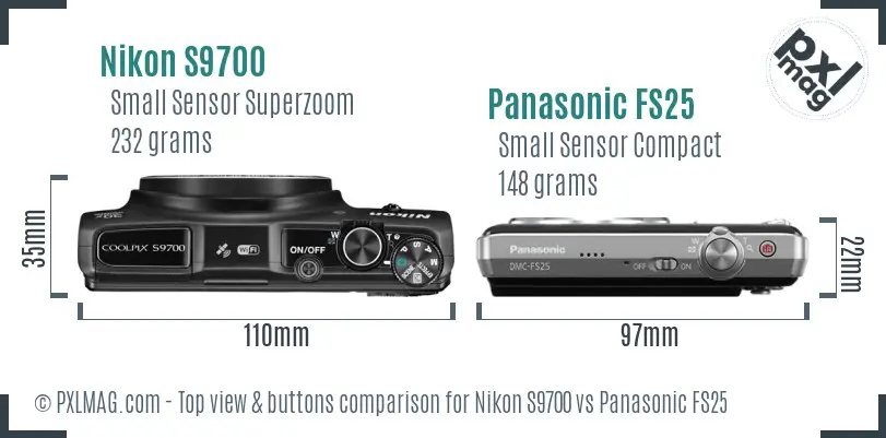 Nikon S9700 vs Panasonic FS25 top view buttons comparison