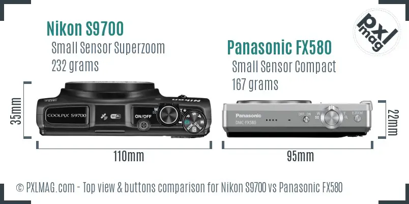 Nikon S9700 vs Panasonic FX580 top view buttons comparison Nikon S9700 vs Panasonic FX580 top view buttons comparison
