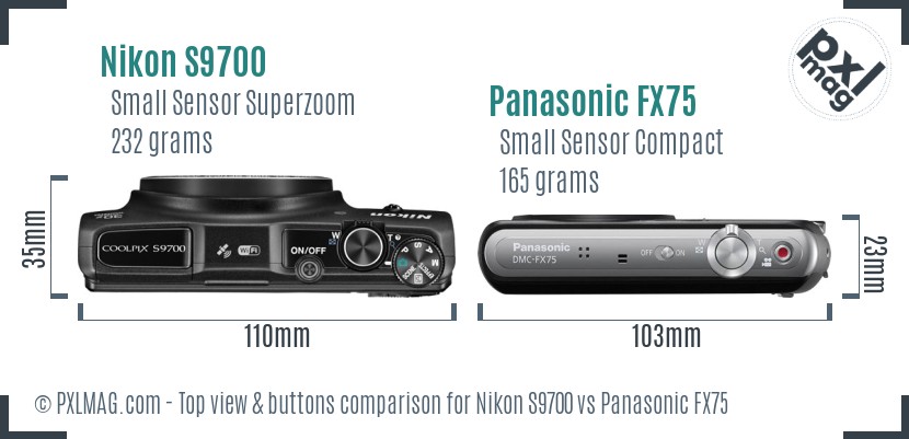 Nikon S9700 vs Panasonic FX75 top view buttons comparison