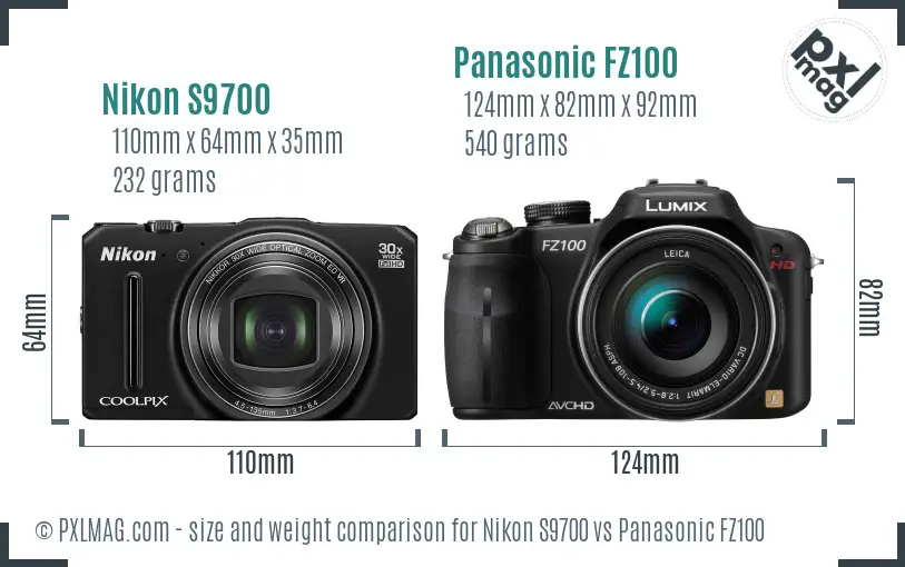 Nikon S9700 vs Panasonic FZ100 size comparison