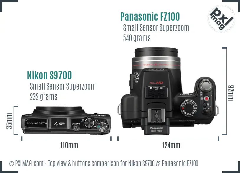 Nikon S9700 vs Panasonic FZ100 top view buttons comparison