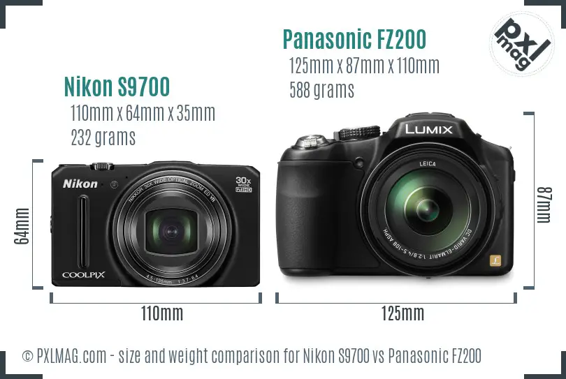 Nikon S9700 vs Panasonic FZ200 size comparison