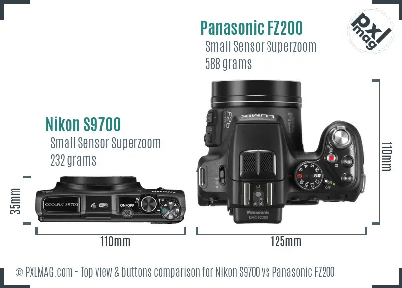 Nikon S9700 vs Panasonic FZ200 top view buttons comparison