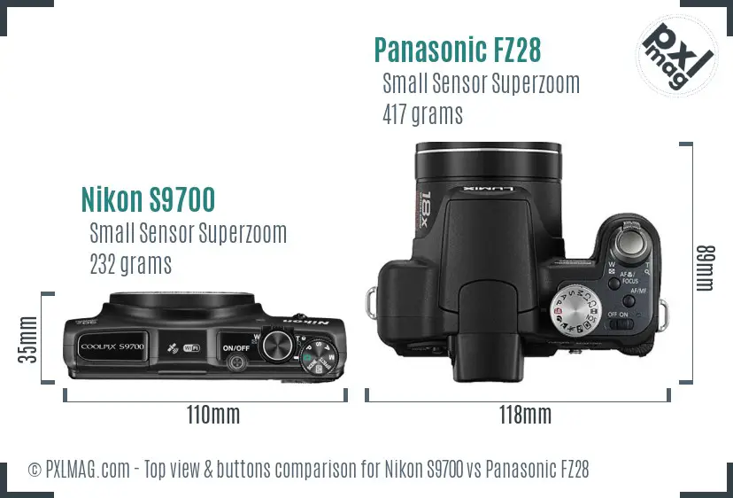 Nikon S9700 vs Panasonic FZ28 top view buttons comparison