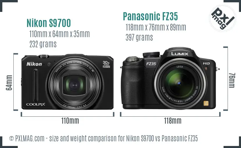 Nikon S9700 vs Panasonic FZ35 size comparison