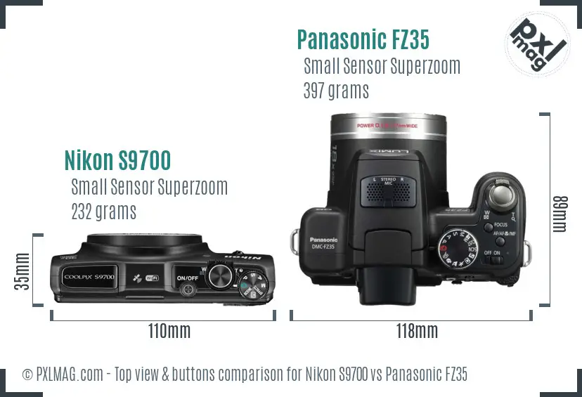 Nikon S9700 vs Panasonic FZ35 top view buttons comparison