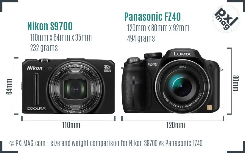 Nikon S9700 vs Panasonic FZ40 size comparison