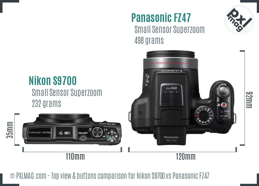 Nikon S9700 vs Panasonic FZ47 top view buttons comparison Nikon S9700 vs Panasonic FZ47 top view buttons comparison