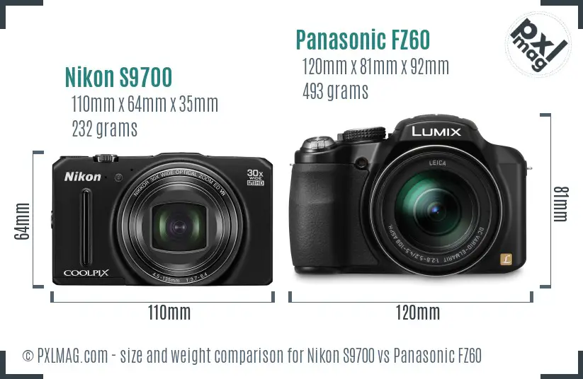 Nikon S9700 vs Panasonic FZ60 size comparison
