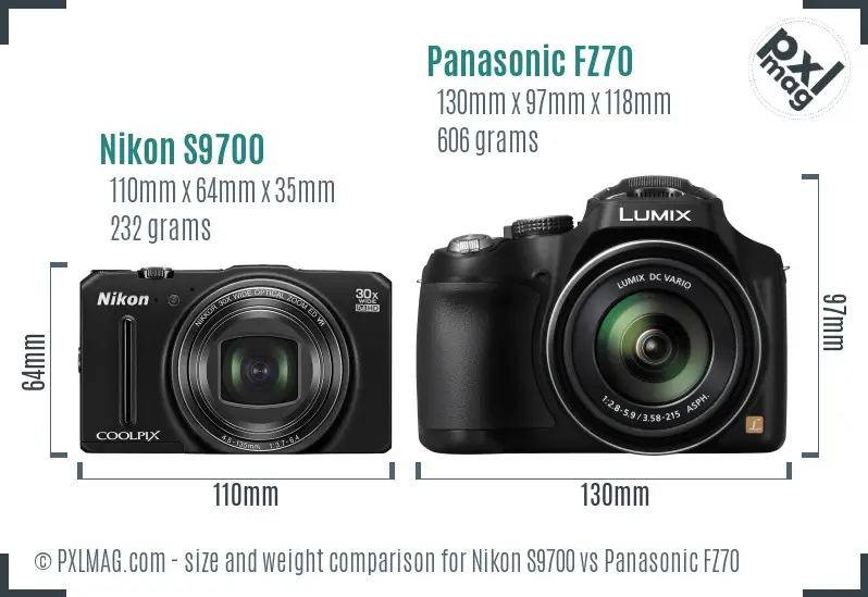 Nikon S9700 vs Panasonic FZ70 size comparison