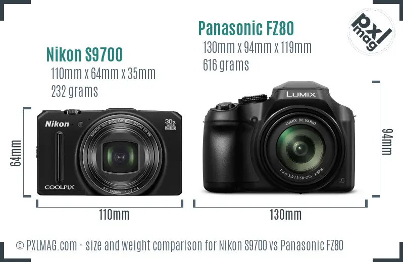 Nikon S9700 vs Panasonic FZ80 size comparison