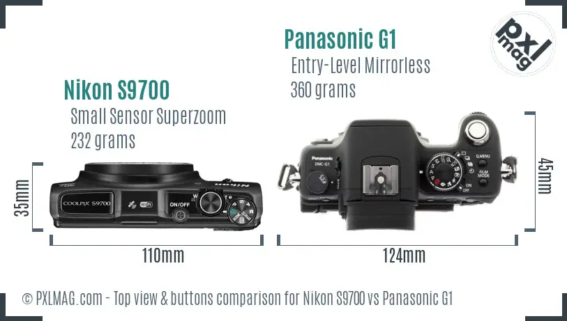 Nikon S9700 vs Panasonic G1 top view buttons comparison