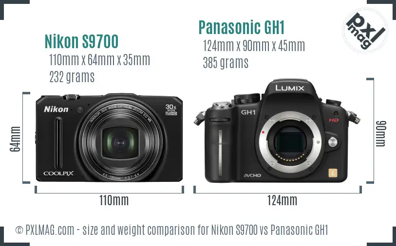 Nikon S9700 vs Panasonic GH1 size comparison