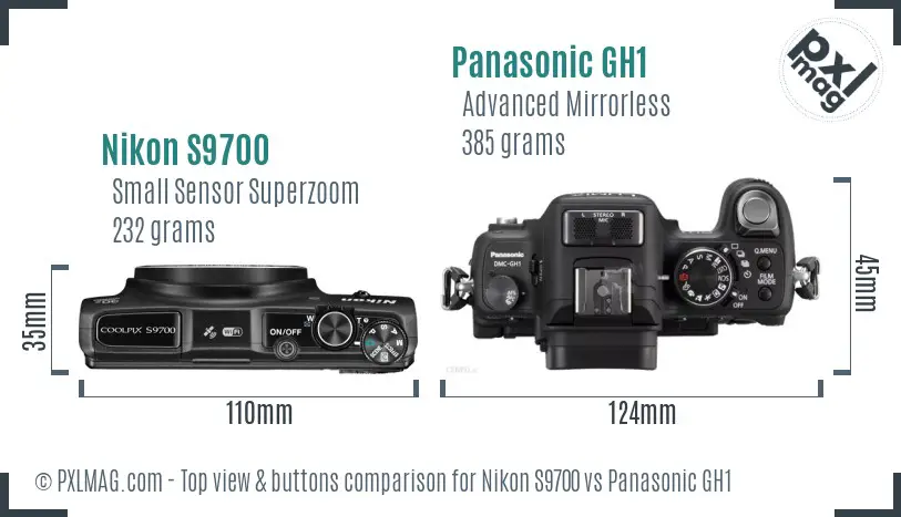 Nikon S9700 vs Panasonic GH1 top view buttons comparison