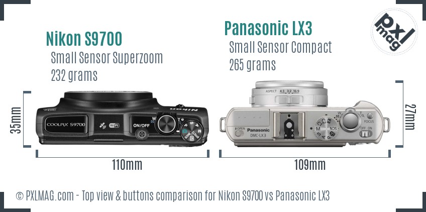Nikon S9700 vs Panasonic LX3 top view buttons comparison