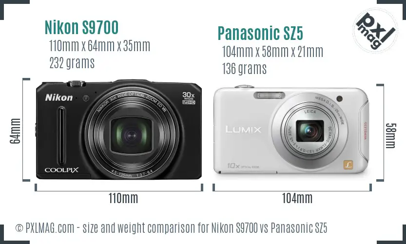 Nikon S9700 vs Panasonic SZ5 size comparison