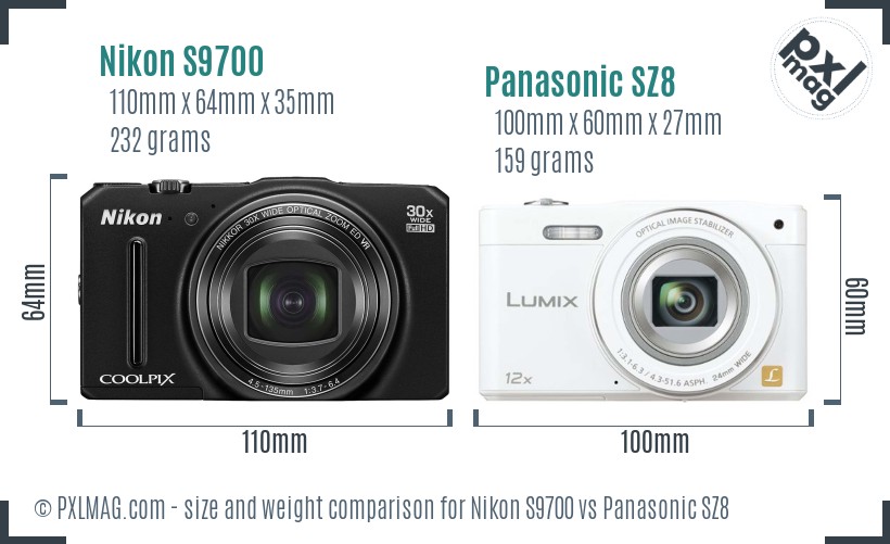 Nikon S9700 vs Panasonic SZ8 size comparison