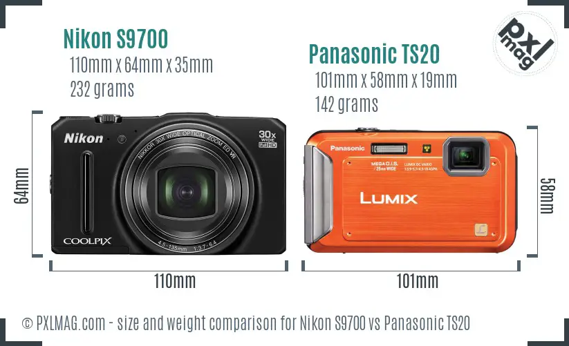 Nikon S9700 vs Panasonic TS20 size comparison