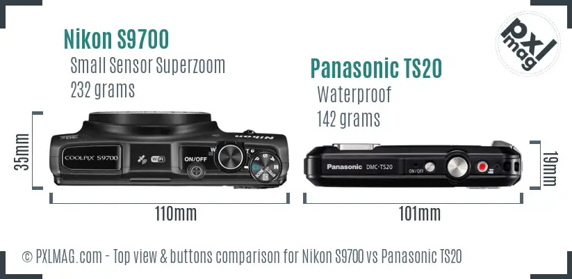 Nikon S9700 vs Panasonic TS20 top view buttons comparison