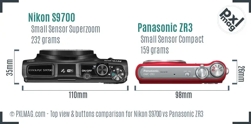 Nikon S9700 vs Panasonic ZR3 top view buttons comparison Nikon S9700 vs Panasonic ZR3 top view buttons comparison