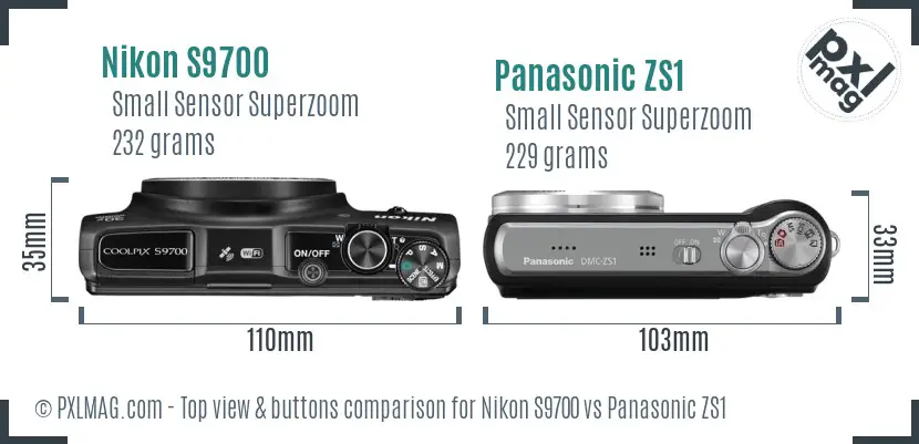 Nikon S9700 vs Panasonic ZS1 top view buttons comparison Nikon S9700 vs Panasonic ZS1 top view buttons comparison