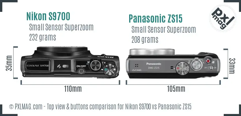 Nikon S9700 vs Panasonic ZS15 top view buttons comparison