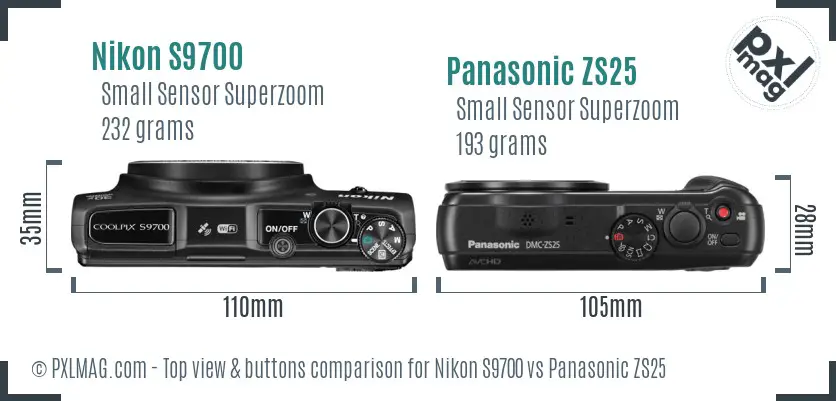 Nikon S9700 vs Panasonic ZS25 top view buttons comparison
