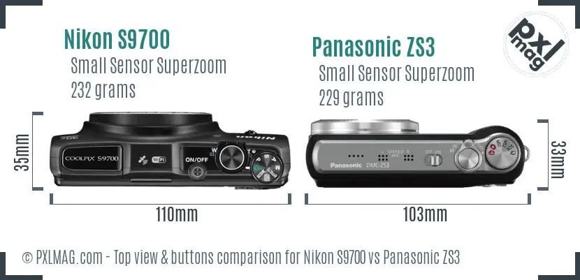 Nikon S9700 vs Panasonic ZS3 top view buttons comparison