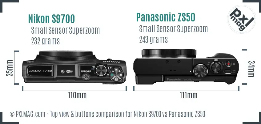 Nikon S9700 vs Panasonic ZS50 top view buttons comparison