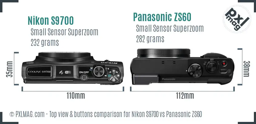 Nikon S9700 vs Panasonic ZS60 top view buttons comparison