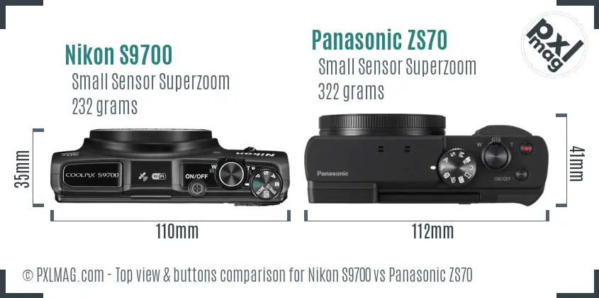 Nikon S9700 vs Panasonic ZS70 top view buttons comparison