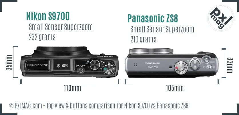 Nikon S9700 vs Panasonic ZS8 top view buttons comparison
