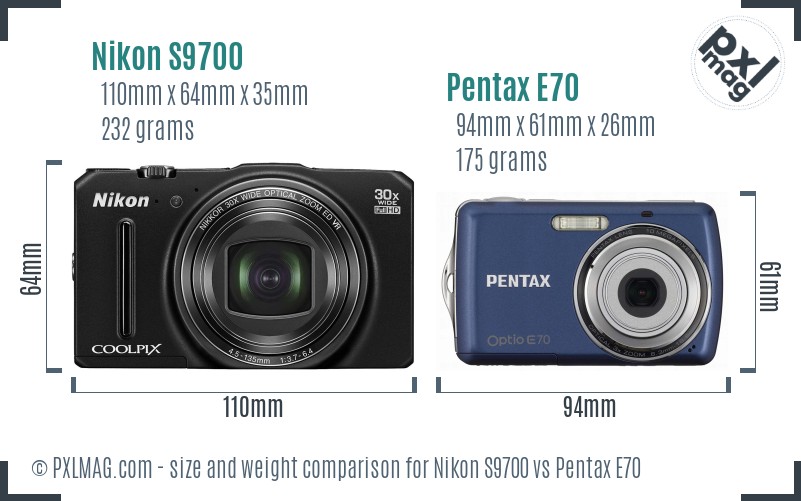Nikon S9700 vs Pentax E70 size comparison