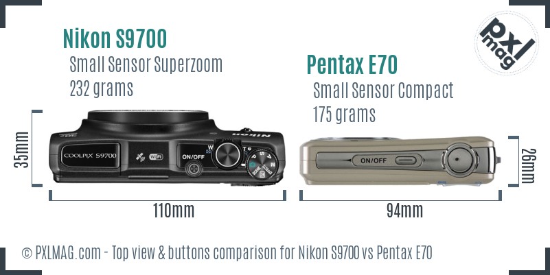 Nikon S9700 vs Pentax E70 top view buttons comparison