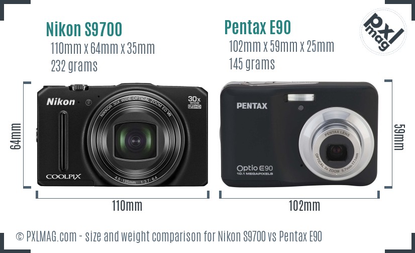 Nikon S9700 vs Pentax E90 size comparison