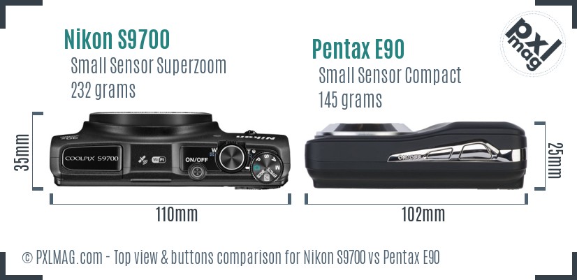 Nikon S9700 vs Pentax E90 top view buttons comparison