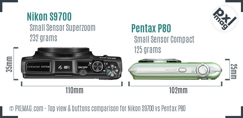 Nikon S9700 vs Pentax P80 top view buttons comparison