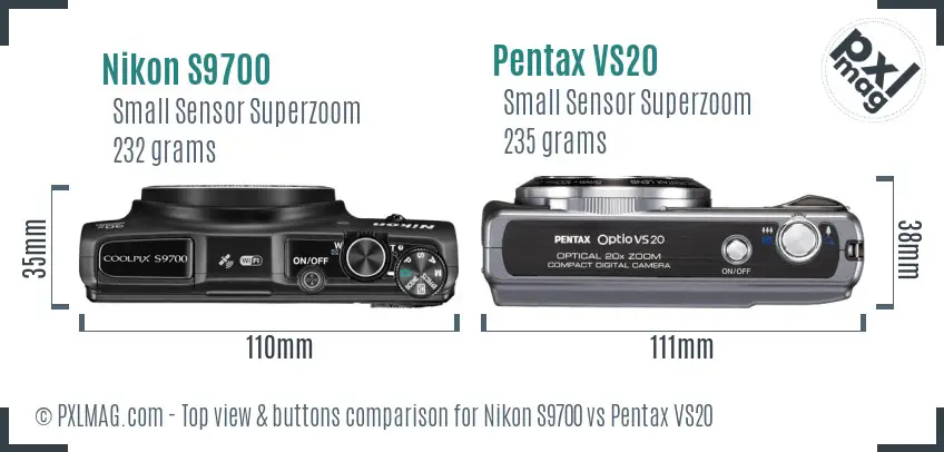 Nikon S9700 vs Pentax VS20 top view buttons comparison