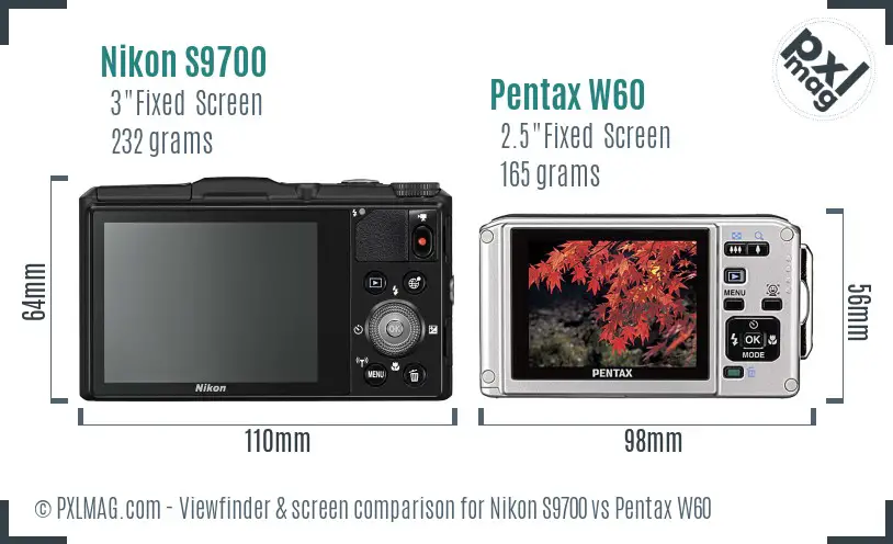 Nikon S9700 vs Pentax W60 Screen and Viewfinder comparison