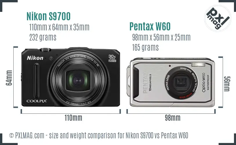 Nikon S9700 vs Pentax W60 size comparison