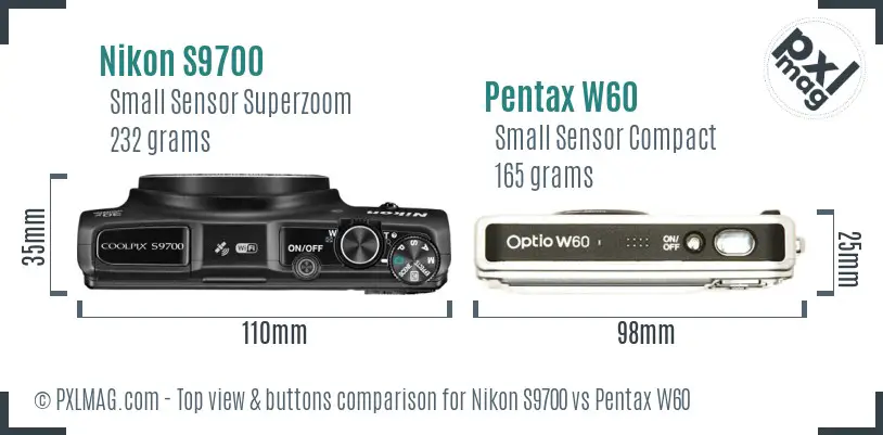 Nikon S9700 vs Pentax W60 top view buttons comparison