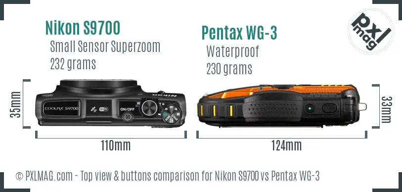 Nikon S9700 vs Pentax WG-3 top view buttons comparison