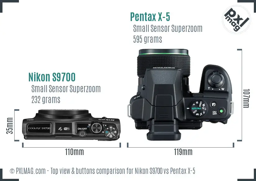 Nikon S9700 vs Pentax X-5 top view buttons comparison