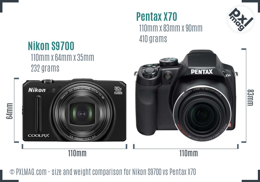 Nikon S9700 vs Pentax X70 size comparison
