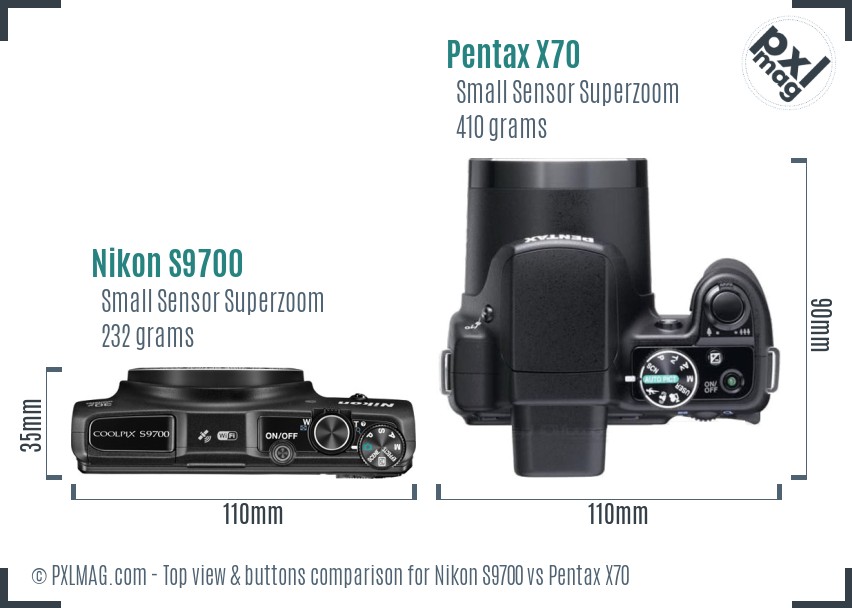 Nikon S9700 vs Pentax X70 top view buttons comparison