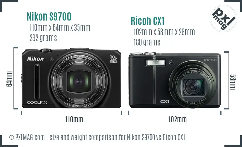 Nikon S9700 vs Ricoh CX1 size comparison
